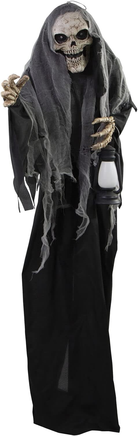 Haunted Hill Farm Life-Size Scary Skeleton Reaper Holding Lantern, Halloween Animatronic with Touch Activated Lights and Sound, Battery Operated Indoor or Covered Outdoor Halloween Decorations