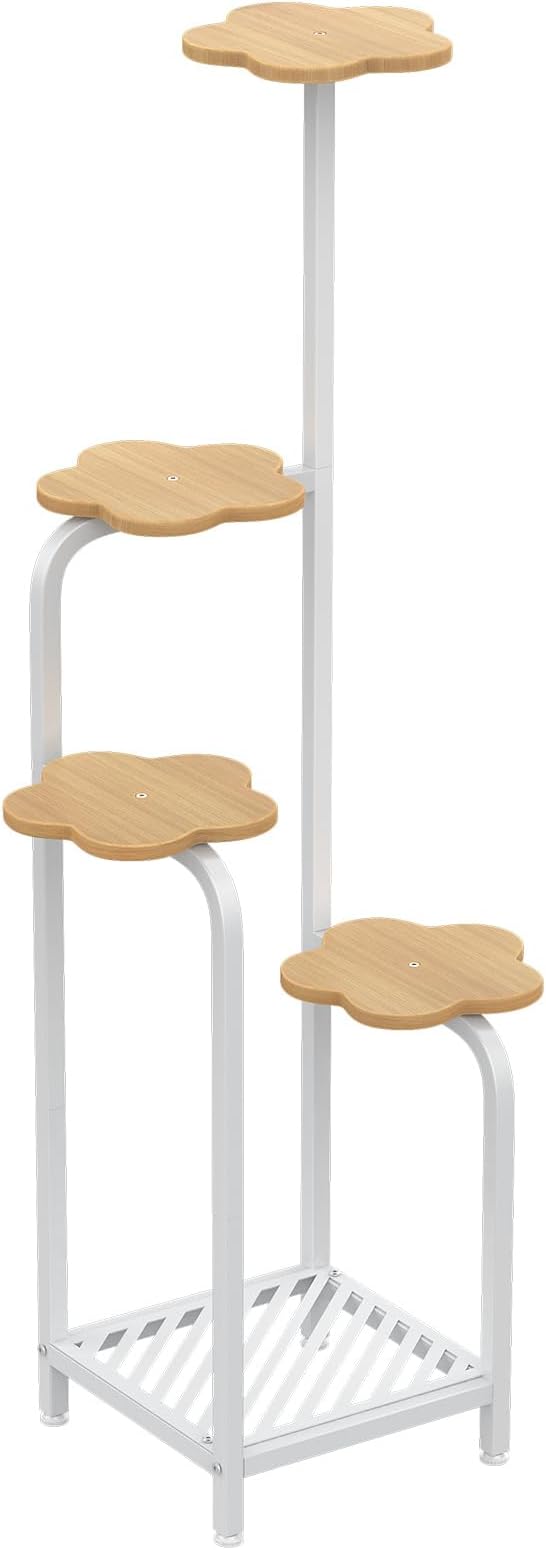 TOSKING 5 Tier Metal Plant Stand Indoor 48''H Tall ,Heavy Duty Plant Shelf , Corner Shelf Flower Pot Stand for Outdoor Plant Stand for Living Room Balcony Garden Patio Bedroom (5 Tier-White and Wood)