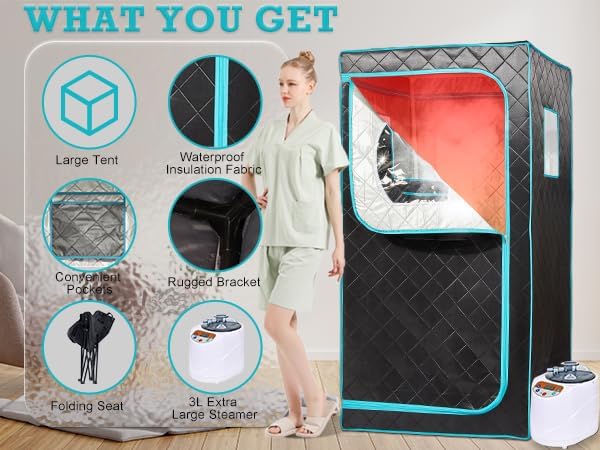 Portable Steam Sauna– Red Light Therapy Home Sauna Tent with 3L & 1500W Steamer, Remote Control Time & Temperature Settings, Foldable Chair Included for Relaxation