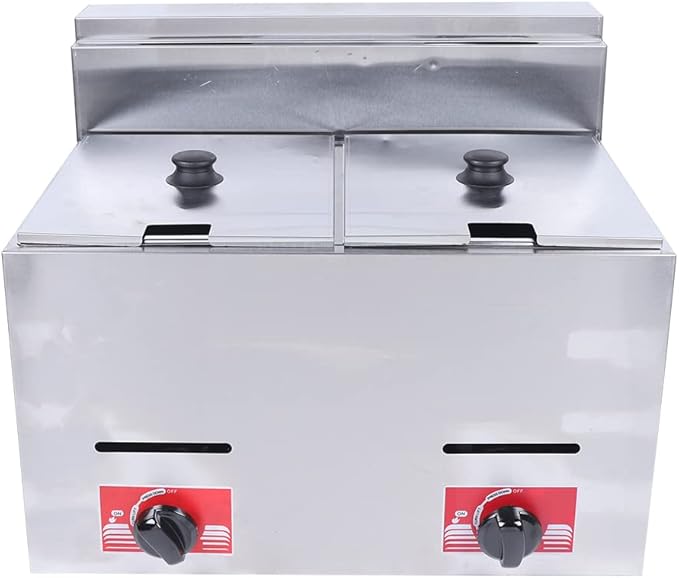 Gas Fryer, 2 * 5.3QT Commercial Large Propane Fryer Table Top Gas Fryer with 2 Baskets & 2 Lids, Stainless Steel Deep Double Cylinder Gas Fryer, Countertop Propane Fryers for Home Kitchen