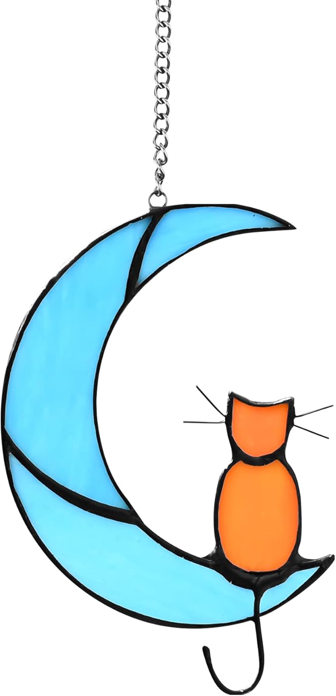 Cat Decor Stained Glass Moon Decor Window Hanging Ornament Garden Suncatcher Gifts for Cat Lover for Women Memorial Gifts Cat Gift (Orange Cat on Blue Moon)