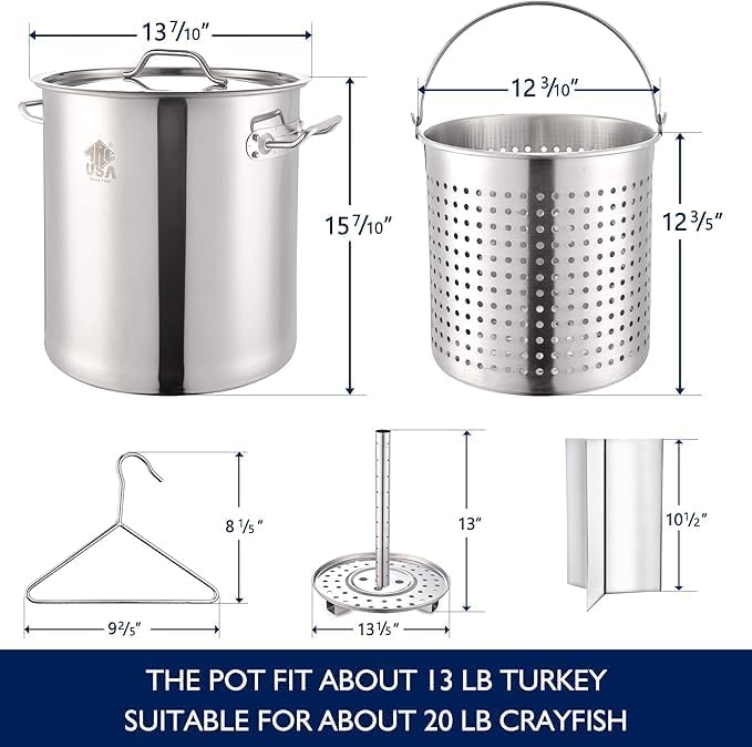 ARC 40QT Seafood Boiling Kit, 200,000BTU Propane Burner Stainless Steel Crawfish Boil Pot w/Basket and Steamer Rack, For Outdoors Cooking and Steaming, Large Turkey Fryer Pot, Lobster Shrimp Pot