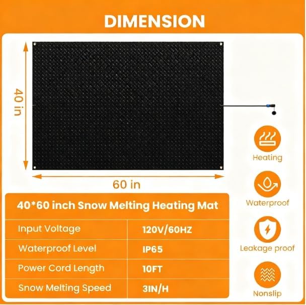 Snow Melting Mats Outdoor for Entrances, 40 x 60 in 2Pack No-Slip Rubber Heated Outdoor Mats with 10 ft Power Cord, 3 in/h Speed Snow and Ice Melting Pads for Winter Roofs, Backyards Snow Removal