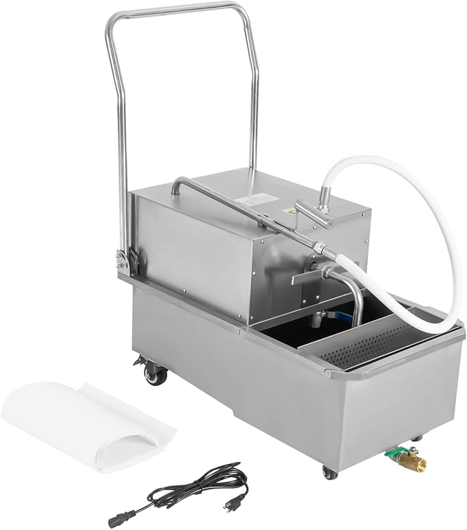 Mobile Fryer Filter Machine, 550W 110V 55L/14.53 Gal Commercial Oil Filler Cart Truck Separator Stainless Steel Cooking Oil Filtration System with 32L/8.45/Gal/min Pump for Supermarket Restaurant