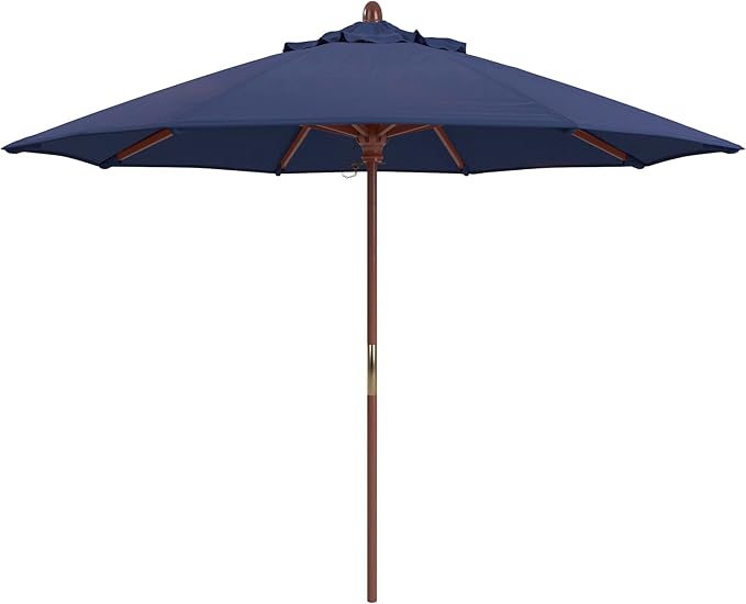 California Umbrella 9' Premium Commercial Hardwood Patio Umbrella, Manual Lift With Sunbrella Navy Fabric