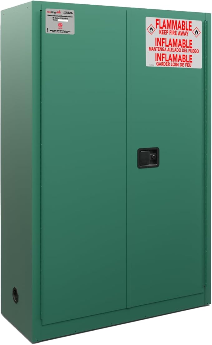 FireKing Green Flammable Safety Cabinet, Pesticides Flammable Storage Cabinet, 45 Gallon Steel Safety Cabinets with Manual Door for Commercial, Industrial & Home Use, 43" x 18" x 65"