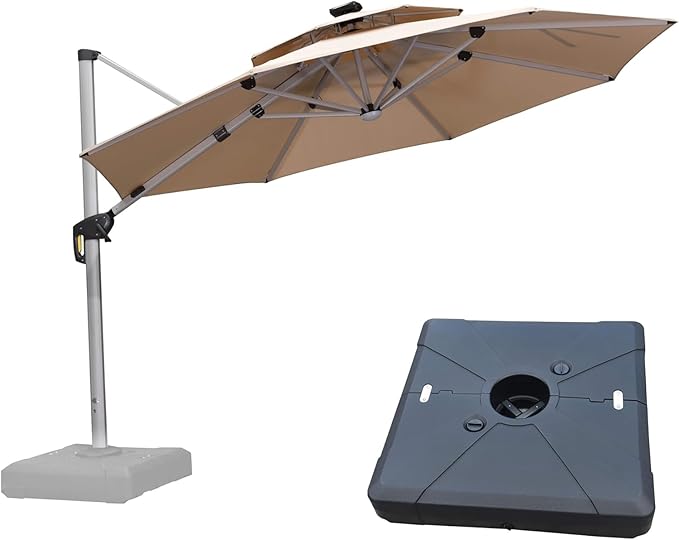 PURPLE LEAF 11ft Patio Umbrella With Base Solar powered LED Cantilever Umbrella with LED lights Windproof Outdoor Offset Umbrella for Garden Deck Pool Patio, Beige
