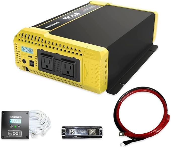 Krieger 1500 Watt 12V Pure Sine Inverter Dual AC Outlets & USB, Installation Kit Included, Automotive Portable Power for Tools, Camping & Car Accessories - ETL Approved