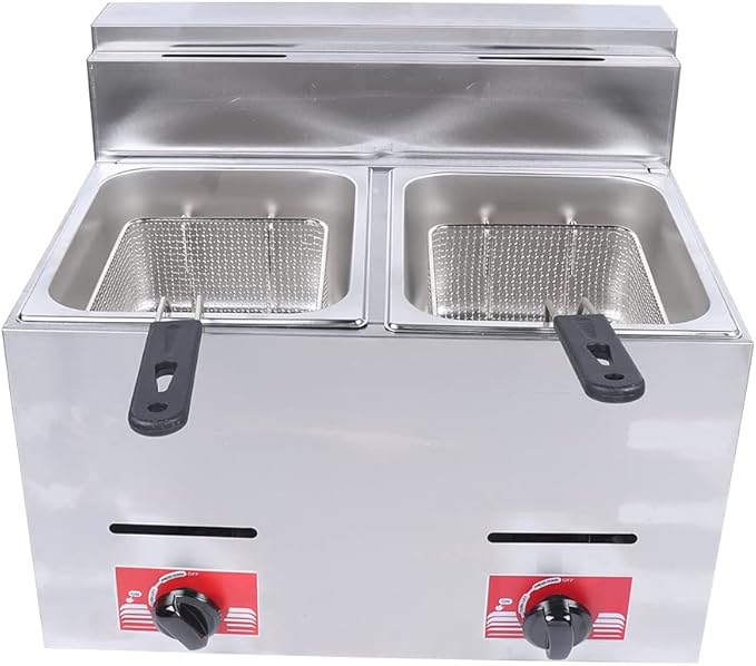 Gas Fryer, 2 * 5.3QT Commercial Large Propane Fryer Table Top Gas Fryer with 2 Baskets & 2 Lids, Stainless Steel Deep Double Cylinder Gas Fryer, Countertop Propane Fryers for Home Kitchen