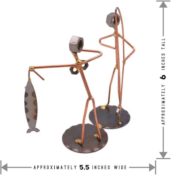 Fisherman with Wife Collectible Handmade Metal Art Figurine, Desk Accessories, Trophy, Boss Gift, Office Décor, Outdoor Sports, Fishing