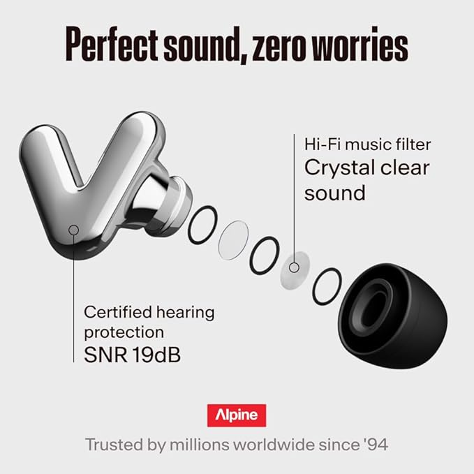 Alpine Tune Earplugs, Concert Ear Plugs for Noise Reduction, High Fidelity Music Quality, 19dB Hearing Protection with Crystal Clear Sound, Incl. 4 Sizes, For Parties, Raves, Festivals & Clubs, Silver