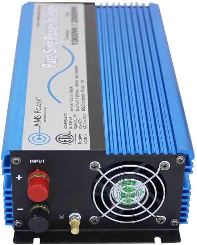 AIMS Power 1000 Watt / 2000 Watt Peak Pure Sine Power Inverter 12 Volt DC to 120 Volt AC ETL Listed with Remote