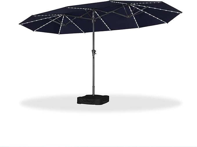 PURPLE LEAF 14ft Patio Umbrella with Solar Lights Outdoor Double-Side Market Umbrella with Base Included Rectangle Table Umbrella for Pool Garden Backyard, Navy blue