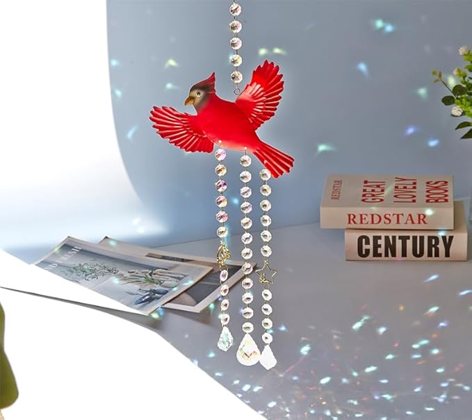 Red Cardinal Crystal Sun Catcher-Stained Glass Window Hanging Ornament with Rainbow Prism, Memorial Gift for Women, Handmade Bird Decor for Home Garden, Christmas Valentine Gift for mom(Red B)