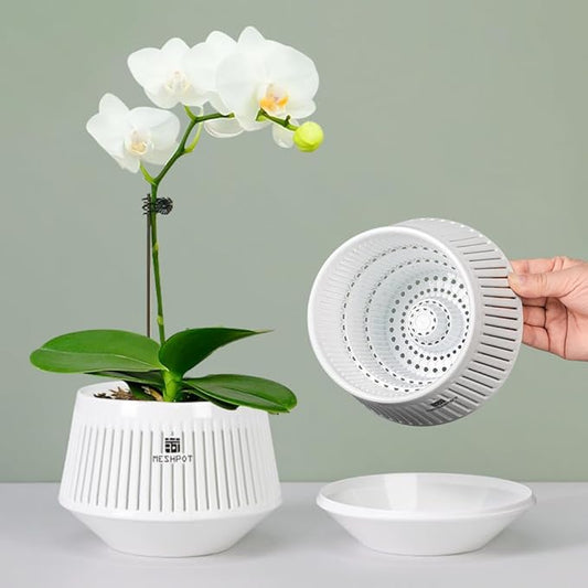 5 inch Orchid Pots with Holes for Repotting,Set of 3,Decorative Orchid Planter with Air-Pruning and Good Air Circulation,Plastic White Orchid Container with Saucers