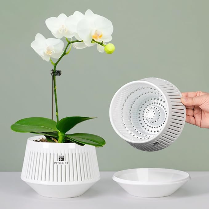 5 inch Orchid Pots with Holes for Repotting,Set of 2,Decorative Orchid Planter with Air-Pruning and Good Air Circulation,Plastic White Orchid Container with Saucers