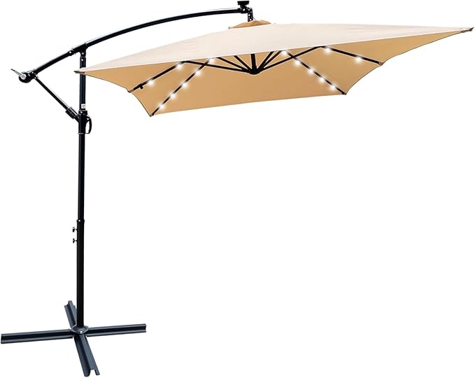 10x6.5FT Patio Umbrella, Outdoor Offset Umbrella with Cross Base and Crank, Rectangular Cantilever Umbrella with Solar Lights, Hanging Market Umbrella with 6 Rids for Pool, Deck, Backyard (Tan)