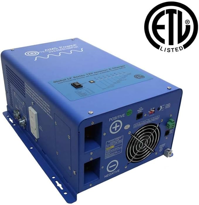AIMS Power 1000 Watt / 3000 Watt Peak Pure Sine Inverter Charger 12 Volt DC to 120 Volt AC ETL Listed with LCD Remote