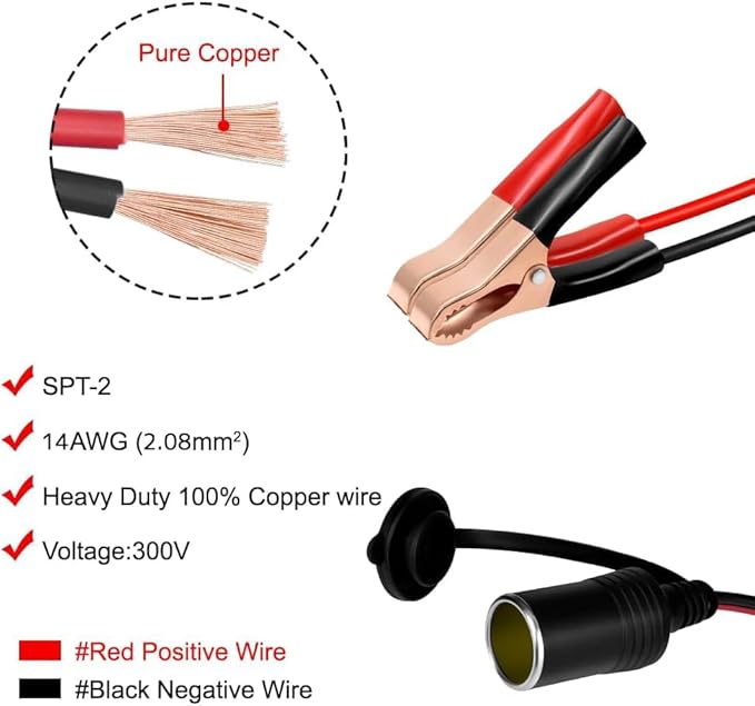 LVYUAN Cigarette Lighter Socket with Battery Alligator Clip, Female Cigarette Lighter Socket to 12V Battery Alligator Clips Charger Extension Cord Automotive Battery Clip-On Extension Cable (3FT)
