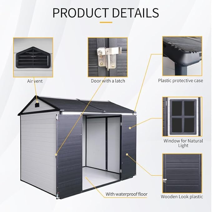8x6 FT Resin Outdoor Storage Shed with Floor and 2 Windows, Outside Plastic Sheds Storage Clearance w/Lockable Door, Backyard Garden Tool House for Patio, Yard, Lawn, Bike, Grey White
