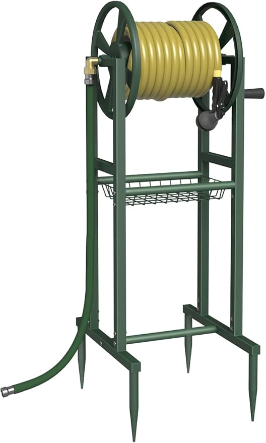 Garbuildman Ground Mount Garden Hose Reel Holds 125 Feet of 5/8-Inch with 3.9 ft Leader Hose, Brass Fitting, Water Hose Holder Stand with Storage Rack & 4 Spikes Base for Outdoor Lawn, Green
