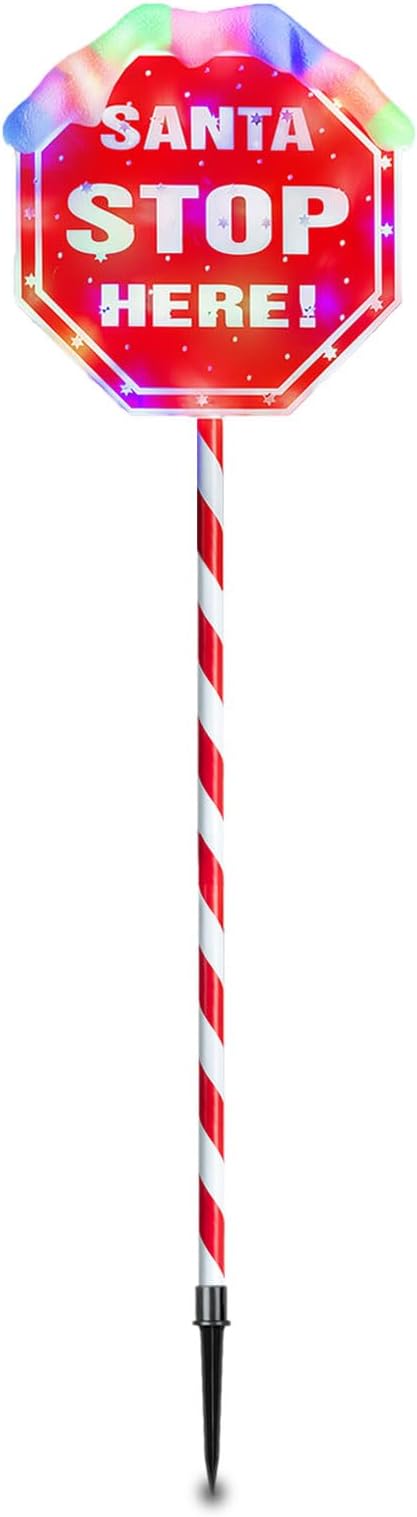 Christmas Santa Stop Here Sign with 30 Multi-color LEDs Battery Operated with Timer Christmas Stop Sign with Base & Stake Xmas Party Landscape Patio Decor