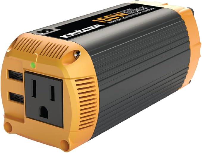 K KRIËGER 150 Watt Pure Sine Wave Power Inverter, 12V Car Charger with Plug Outlet, Inverter with Dual USB Ports (Quick Charge 3.0), AC Outlet & DC Cord Included - ETL Approved Under UL STD 458