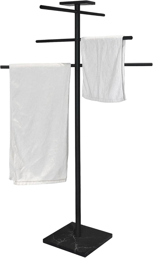 Swimming Pool Towel Rack with Tray, 304 Stainless Steel 6 Arms Freestanding Swimming Pool Towel Holder,Black Marble Base Outdoor Bath Sheet Drying Bar for Spa, Hot Tub & Patio