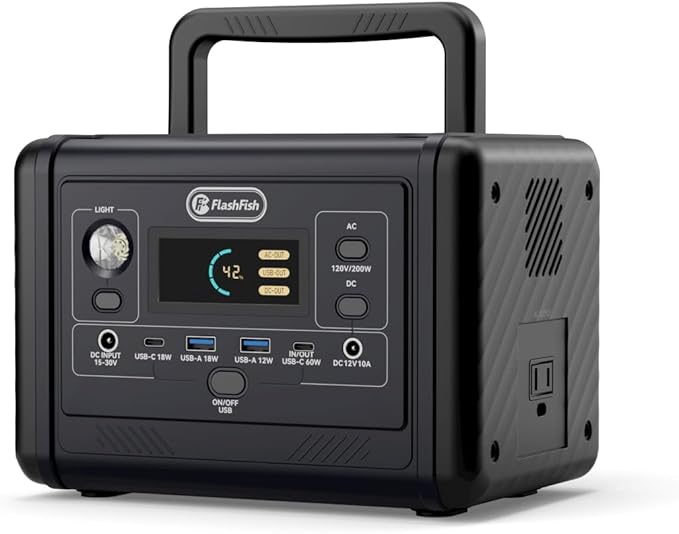 Flashfish 200W Portable Power Station - 153Wh LiFePO4 Battery, 400W Surge, Pure Sine WaveAC Outlets, 60W PD USB-C, Fast Recharge, Solar Generator for Home, Camping & Emergencies