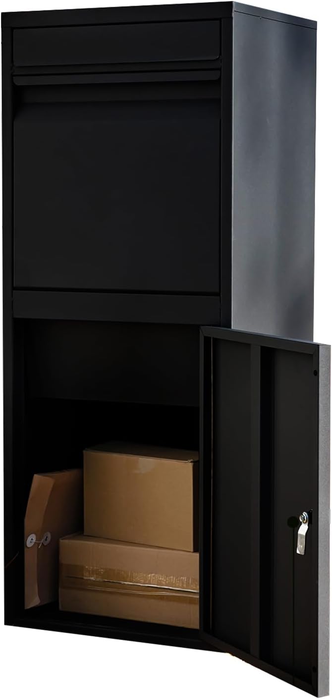 Black Mailboxes for Outside，Galvanized Steel Large Package Delivery Boxes for Outside,with Adjustable Baffle Parcel Drop Box,Wind and Rainproof Packages Box for front Porch