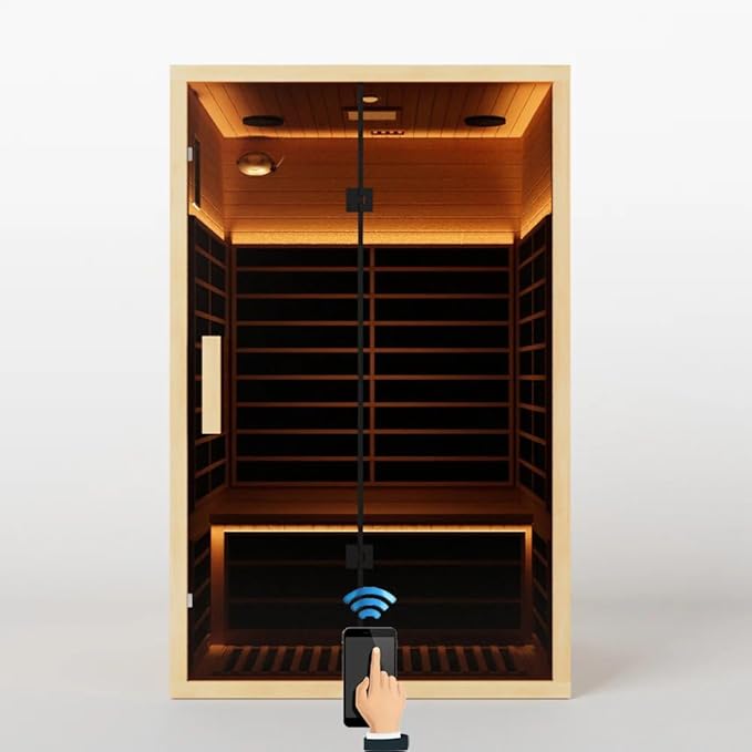 Low EMF Far Infrared Sauna for 2 Person, Canadian Hemlock Wood Sauna Room with Tempered Glass Door, WiFi Control, 110V, 10 Infrared Heaters, 2200W, Reading & 7-Color Starry Light, Oxygen Bar, Speaker
