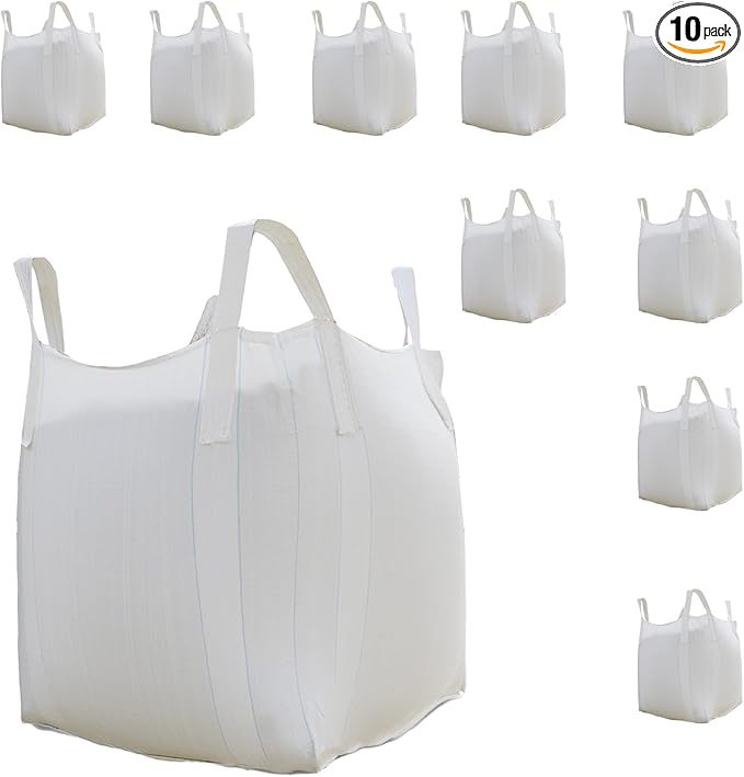 FIBC Bulk Bag - 2650 lbs Capacity, 39x39x39 inches, Polypropylene (PP), Open Top, White, Rectangular, Reusable, 10-Pack