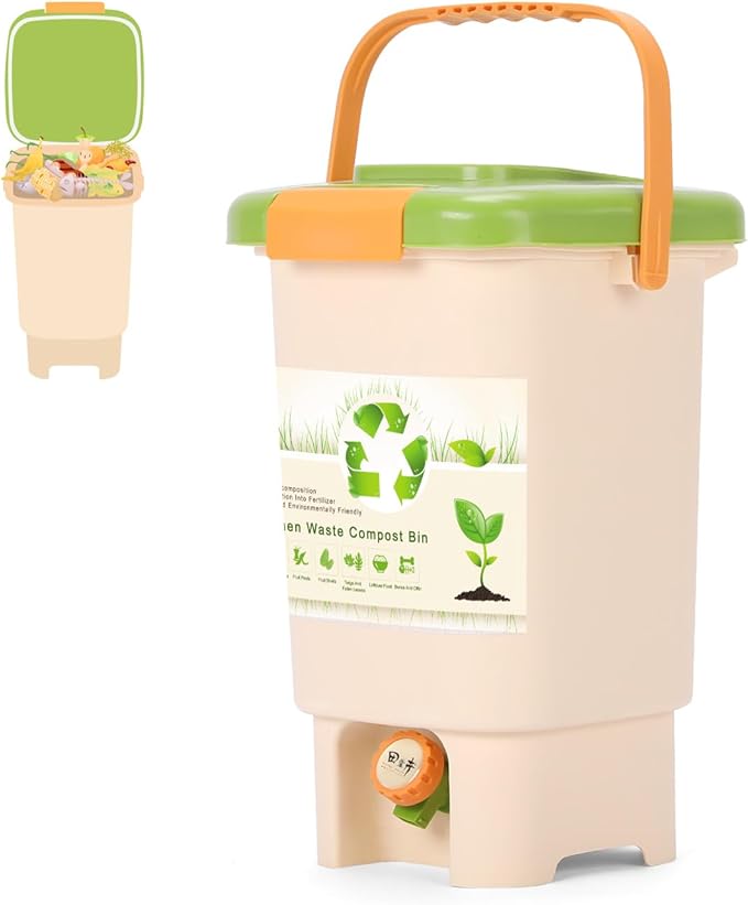 Compost Bin Outdoor, 15L Garden Composting Bin Bags, Breathable Screen Window Reusable Garden Yard Waste Bags Speed Up Composting & Reduce Odors, Indoor Small Kitchen Compost Bin with Lid, Beige