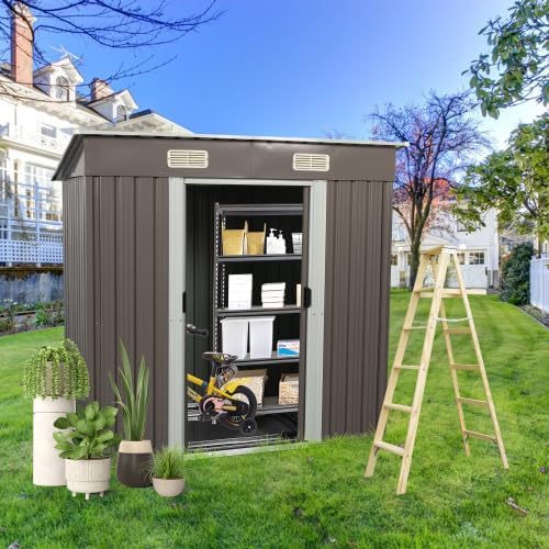 Chery Industrial 6FT x 4FT Outdoor Storage Shed，Metal Tool with Lockable Sliding Shed Door and Vents,Waterproof Galvanized Steel Sheds & Outdoor Storage for Backyard, Garden(Brown)