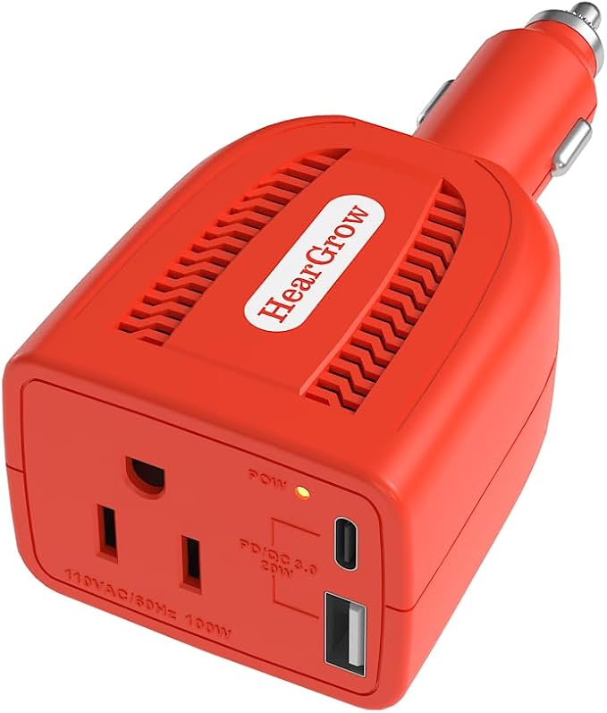 HearGrow100w Car Power Inverter, 12V DC to 110V AC Vehicles Converter with USB Ports，Plug Adapter Outlet and Fast Charging PD3.0 Type-C for Phones, Pads, Laptops and Computer Charger(red)