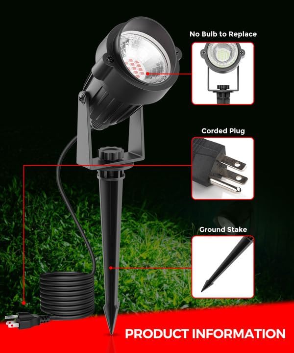 L LOHAS LED Red Spotlight Outdoor, Christmas Red Spot Lights for Yard, Auto On/Off 5W 120V Landscape Lighting for House, Holiday, Trees, Decoration, 450LM IP66 Waterproof, UL Listed, 2 Pack