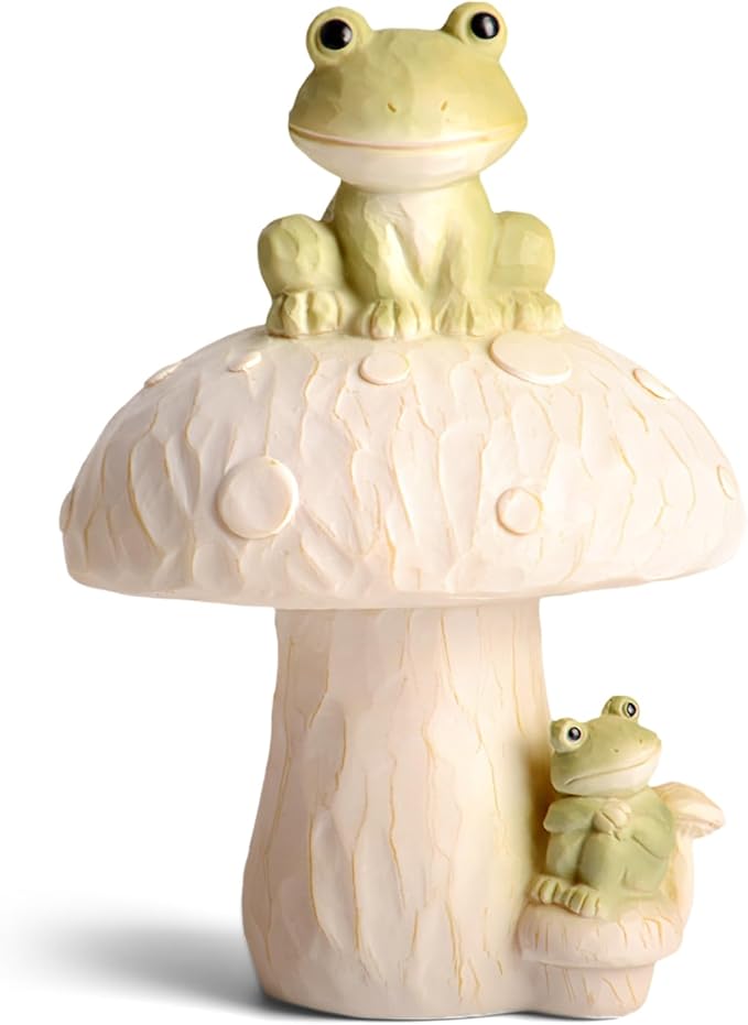 Frog Garden Decor Outdoor Statues, Mushroom Home Decor with Frog Figurines Outdoor Fairy Gardens Accessories Lawn Ornaments, Cute Garden Statues for Outside Yard Lawn Planters Art Decorations Gifts