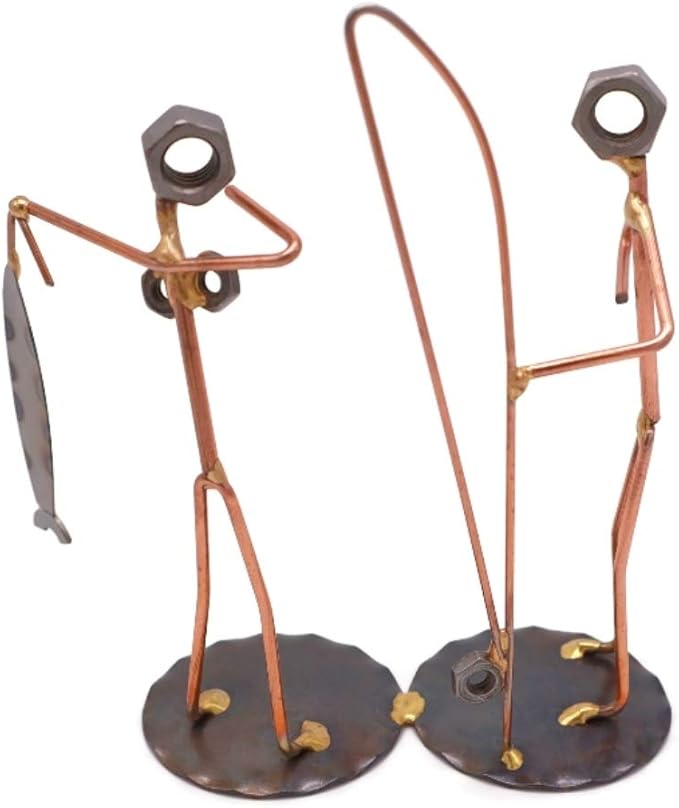 Fisherman with Wife Collectible Handmade Metal Art Figurine, Desk Accessories, Trophy, Boss Gift, Office Décor, Outdoor Sports, Fishing
