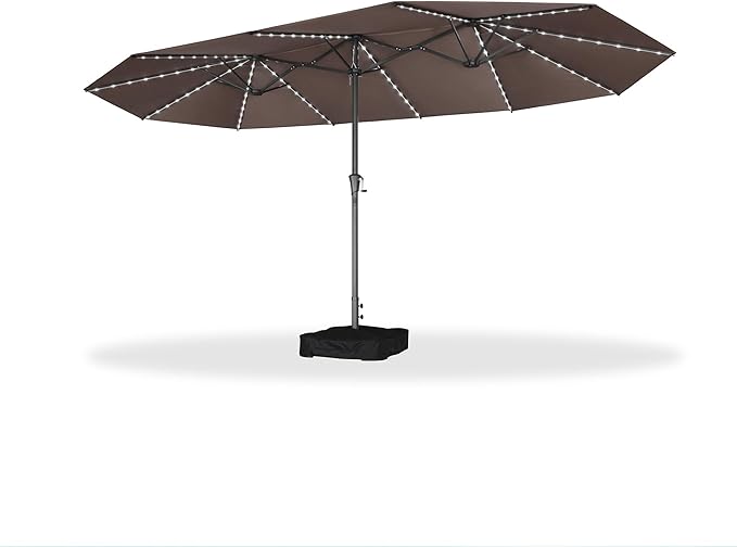 PURPLE LEAF 15ft Double-Side Patio Umbrella with Base and Solar Lights Outdoor Market Umbrella with Crank Handle Rectangle Umbrella for Backyard Pool Garden Deck, Taupe