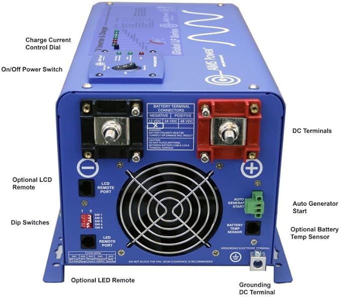 AIMS Power 3000 Watt 12 VDC Pure Sine Inverter Charger 120 VAC Output 100A Charger 30A Transfer Switch PICOGLF30W12V120VR
