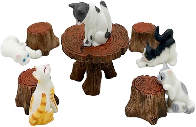 Smoothedo-Pets Small Polyresin Miniature Garden Figurines Accessories/Supplies/Fairy Garden Animals for Fairy Garden/Bonsai Craft Decor (Cat/Table Set)