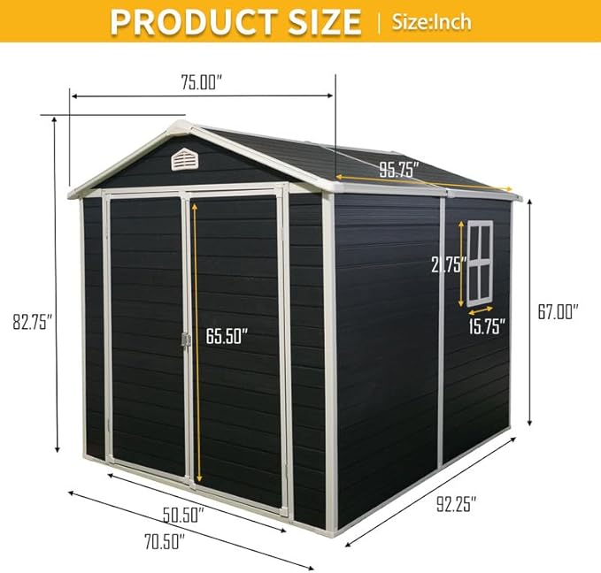 8 x 6 FT Outdoor Storage Shed with Window, Outside Garden Resin Sheds w/Floor and Lockable Doors, Waterproof Plastic Tool House for Backyard, Garden, Patio, Lawn, Bike Accessories, Black