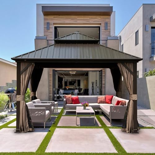 Domi 12' x 12' Hardtop Gazebo Permanent Metal Gazebo with Galvanized Steel Double Roof, Curtains and Netting for Party, Wedding, Outdoor Dining, Patio, Backyard, Brown