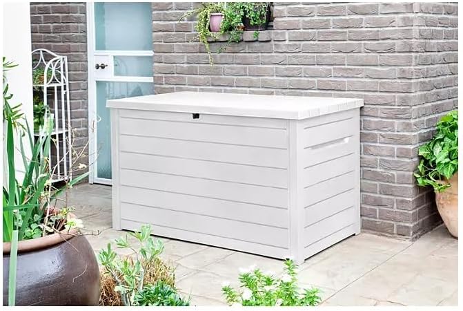 Stylish Indoor/Outdoor Storage Deck Box,Resin,Large Capacity, Weather-Resistant, Lockable lid and Side handles. (White, 230 Gallon)