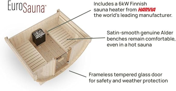 EuroSauna 2-Person Outdoor Barrel Sauna with Shingles, Lighting, & 6kW Harvia Sauna Heater, 81x59