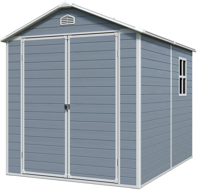 8 x 6 FT Outdoor Storage Shed with Window, Outside Garden Resin Sheds w/Floor and Lockable Doors, Waterproof Plastic Tool House for Backyard, Garden, Patio, Lawn, Bike Accessories, Grey