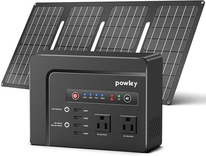 Powkey Solar Powered Generator,200W Portable Solar Generator Power Station with Solar Panels 40W,146Wh Generator Power Bank with 2 AC Outlet 110V Pure Sine Wave for Outdoor Camping Emergency Home