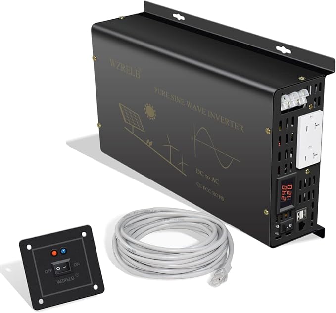 WZRELB Pure Sine Wave Power Inverter 3000W 24VDC to 120VAC 6000W Peak Dual AC Outlets 2× 2.4A USB Port &Hardwire Terminal with 16ft Remote Conrtol Off-Grid Solar Converter RV Trucks (VC300024U5WD-1)
