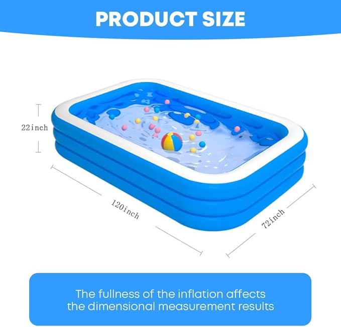 Inflatable Swimming Kiddie Pool, Size 120" X 72" X 22" Large Blow Up Pool for Family Backyard Outdoor Toddler,Big Rectangle Pools for Children,