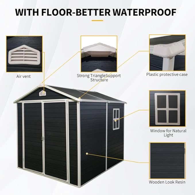 8 x 6 FT Outdoor Storage Shed with Window, Outside Garden Resin Sheds w/Floor and Lockable Doors, Waterproof Plastic Tool House for Backyard, Garden, Patio, Lawn, Bike Accessories, Black